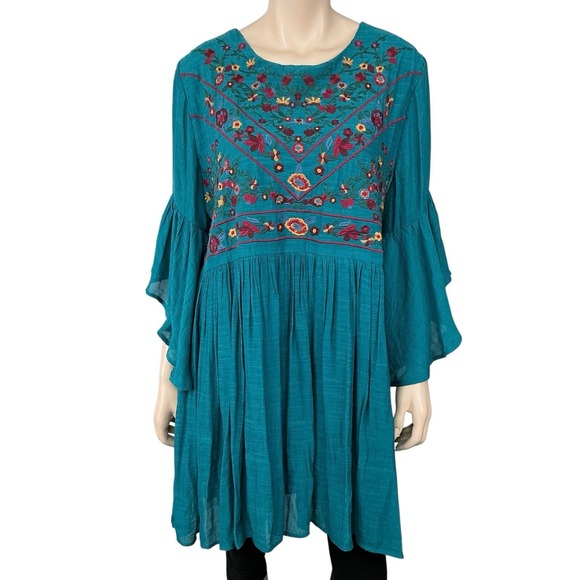 Umgee Tops - Umgee Tunic Women 1XL Turquoise Green Embroidered Boho Flowy Dress